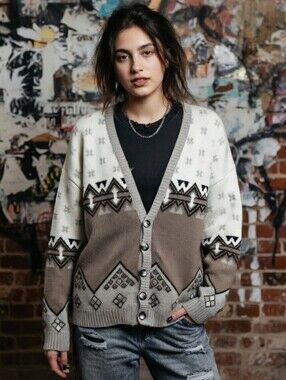 Porto Bello Vintage 80's Tan and Black Patterned Knit Grandpa Cardigan Sweater L
